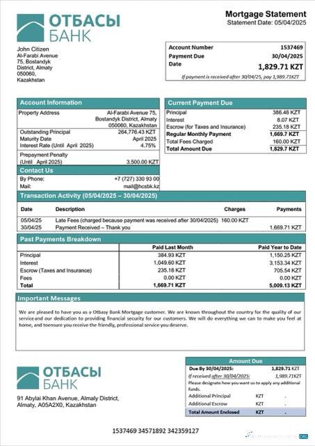 Download Kazakhstan Otbasy Bank mortgage statement Word and PDF template Photoshop template